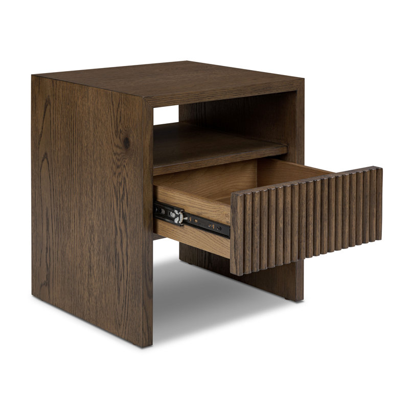 Leeds Oak Nightstand With Ribbed Design Drawer, Brown