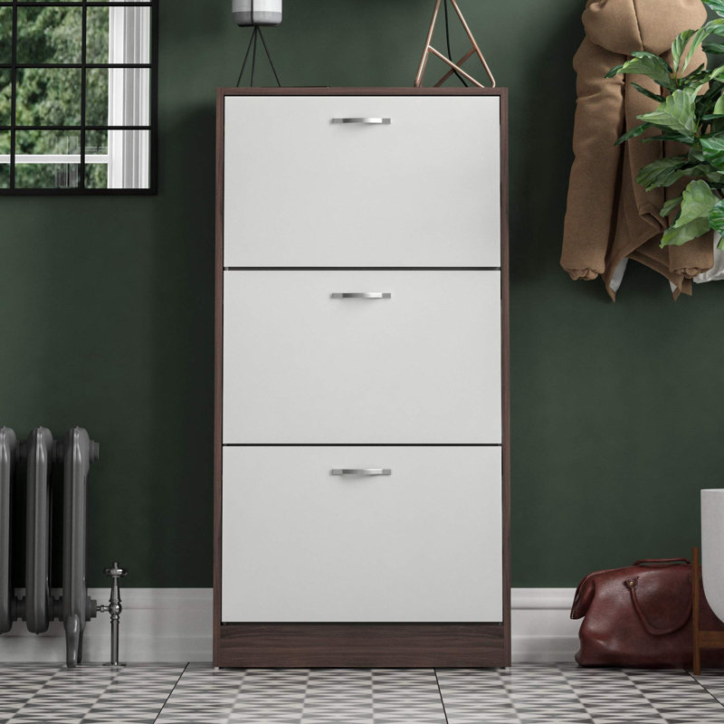 Vida 3 Drawer Flip Down Shoe Storage Free Standing Cabinet For Hallway, 118" H x 60" W x 24" D, Walnut/White