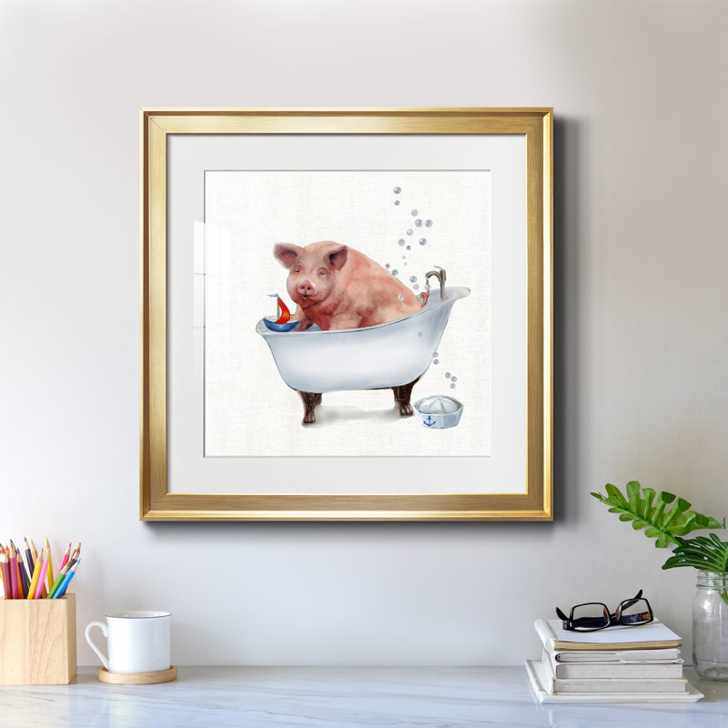 «Farm Tub Pig» - peinture encadrée, H 17,5 po x l 17,5 po x P 1,5 po, Encadrement doré