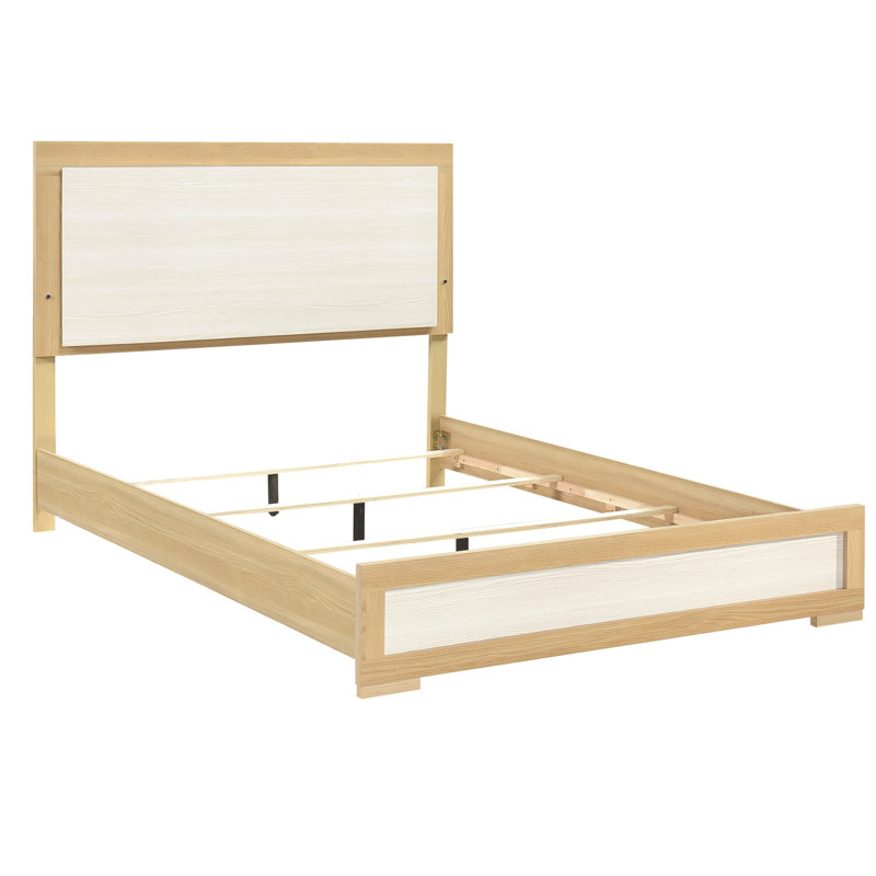 Grand lit, contemporain, lit à panneau, tête de lit à DEL, finition naturelle et blanche, bois, stratifié, mobilier de chambre, sommier tapissier, utilisation