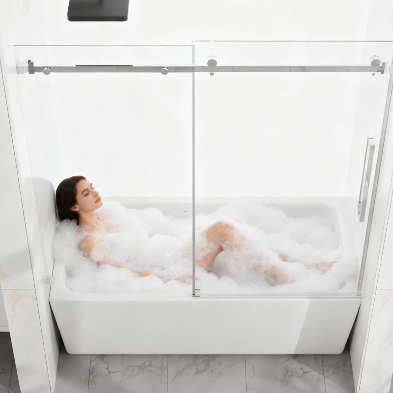 Frameless Bathtub Shower Door, 56-60" W x 58" H Sliding Tub Shower Door, 1/4''(6mm) SGCC Tempered Glass with with  Stainless Steel Handles, Chrome