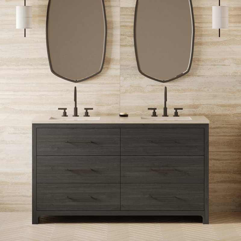 TileBar Studio Vanities Edison Vanity with Romano Travertine Top, Ebony Oak, 60" W