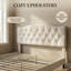 Grand lit tapissier de style hôtel de luxe, tête de lit réglable capitonnée à losanges, support en métal robuste et lattes de bois, aucun sommier tapissier requis, lit plateforme en lin beige-1726185441