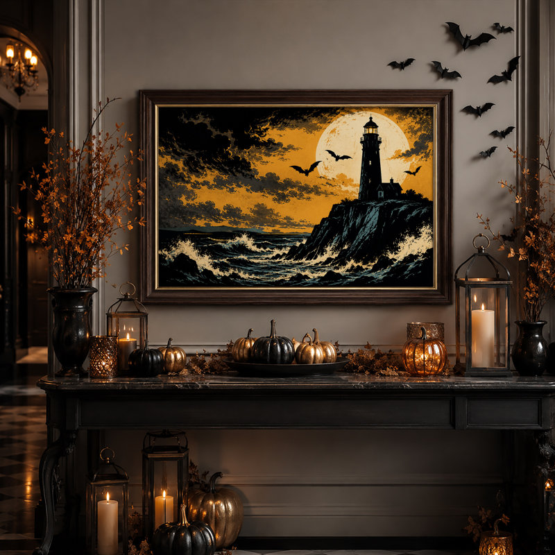 Phare et chauves-souris sous la pleine lune, ciel orange, toile murale d'Halloween, H 16 po x l 24 po