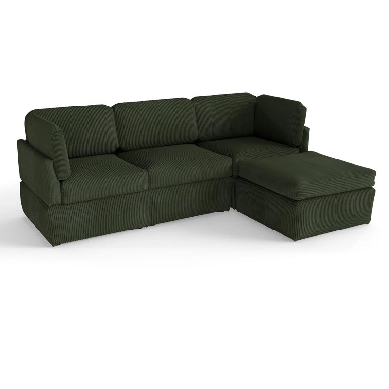 100″ Luxury Corduroy Modular Sectional Sofa – 4-Piece L-Shaped Oversized Couch with Ottomans in Olive Green