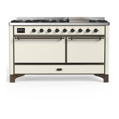 Cuisinière à double combustible 60 pouces avec 7 brûleurs scellés et plaque chauffante Majestic III Series en blanc antique (propane liquide, garniture brunie)