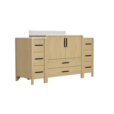 Meuble-lavabo sur pied à un lavabo avec comptoir blanc, fabriqué en contreplaqué, configuration combinable de 60 pouces, système de glissières amortissantes pour les tiroirs, assemblage facile, design contemporain