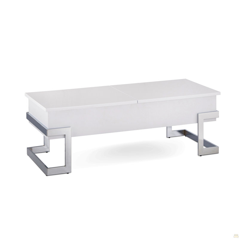 Table basse blanche brillante et chromée avec plateau relevable, White
