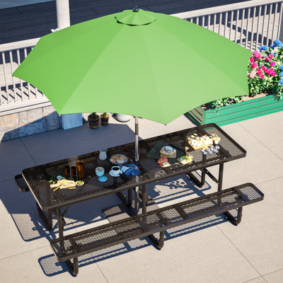 JAXILYN 96" x 62" Heavy-Duty Metal Picnic Table, Seats 10, Galvanized Steel Frame with Mesh Tabletop and Umbrella Hole, Black