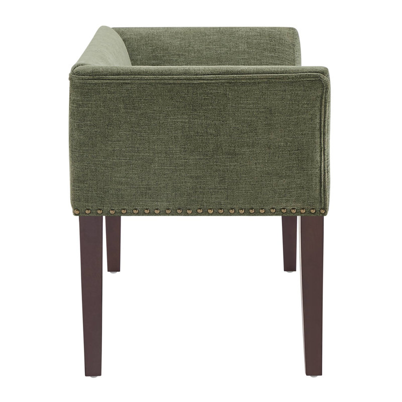 Alfordsville 49.5” Wide Green Upholstered Nailhead Bench with Solid Wood Legs, Green/Dark Walnut