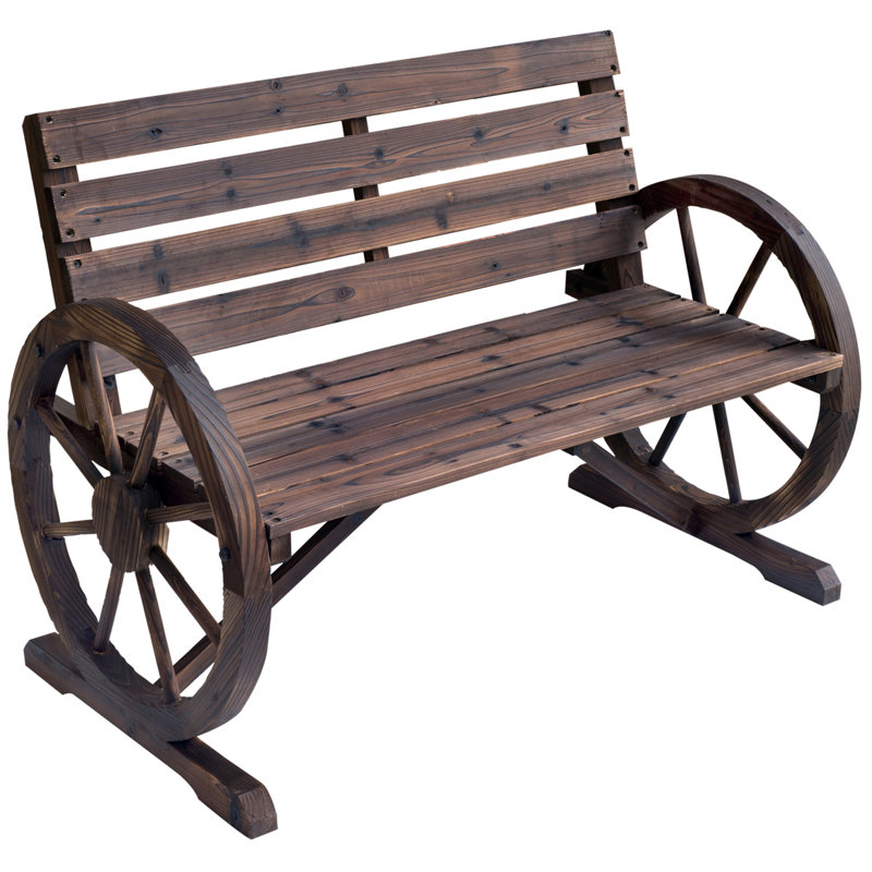 Outsunny 41" Wooden Wagon Wheel Bench, Rustic Outdoor Patio Weather Resistance Furniture, 2-Person Slatted Seat Bench with Backrest, Carbonized