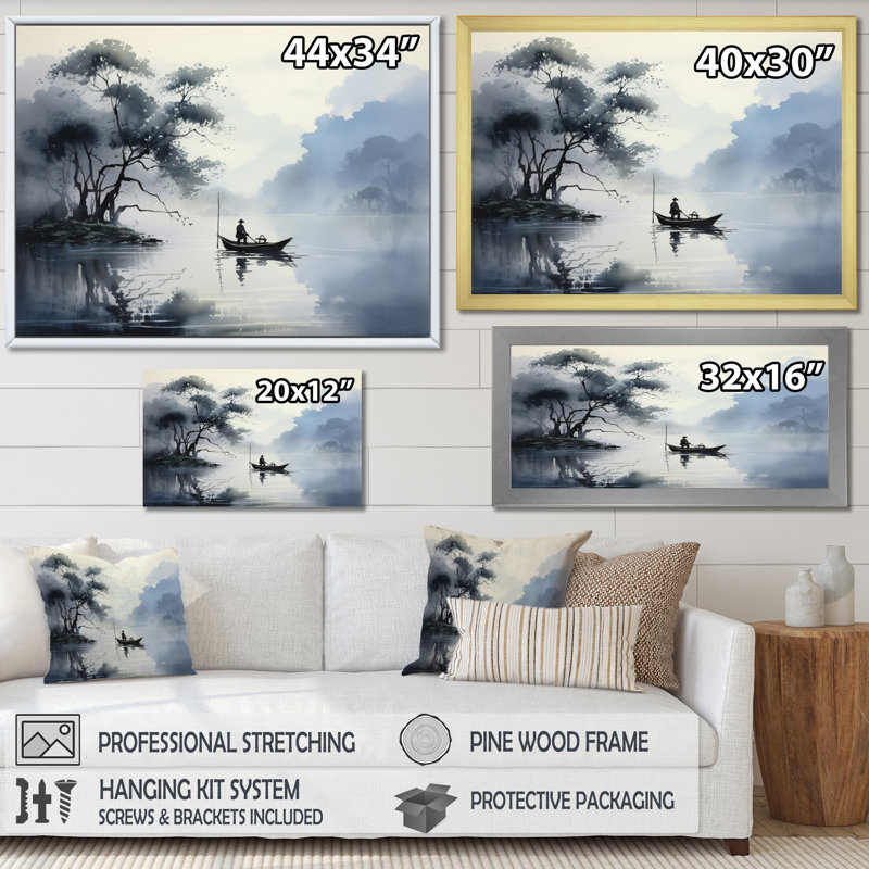 «Asian Art Ink Lake II», art mural asiatique, H 30 po x l 40 po x P 1,5 po, Cadre simple noir