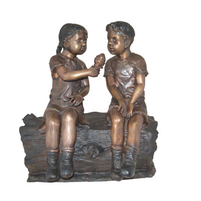 Boy and Girl Enjoying An Ice-Cream Bronze Statue – Jakob Unique Garden Sculpture, 28"L x 24"W x 33"H