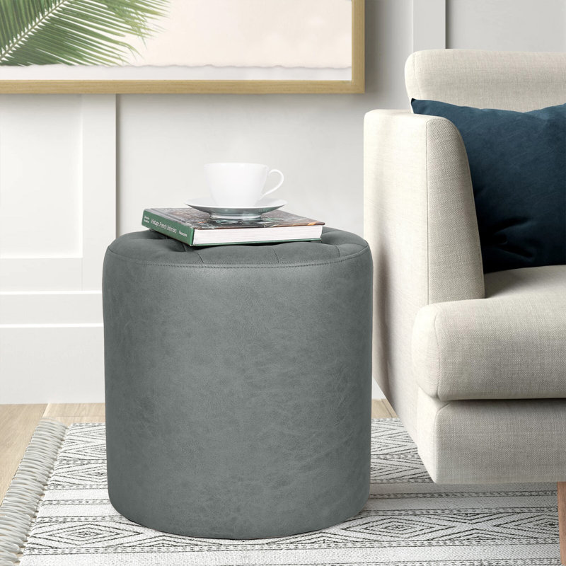 Rangi Tufted Round Standard Ottoman, Light Gray 