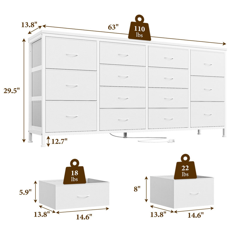 63 " W 14 - Drawer Dresser, White