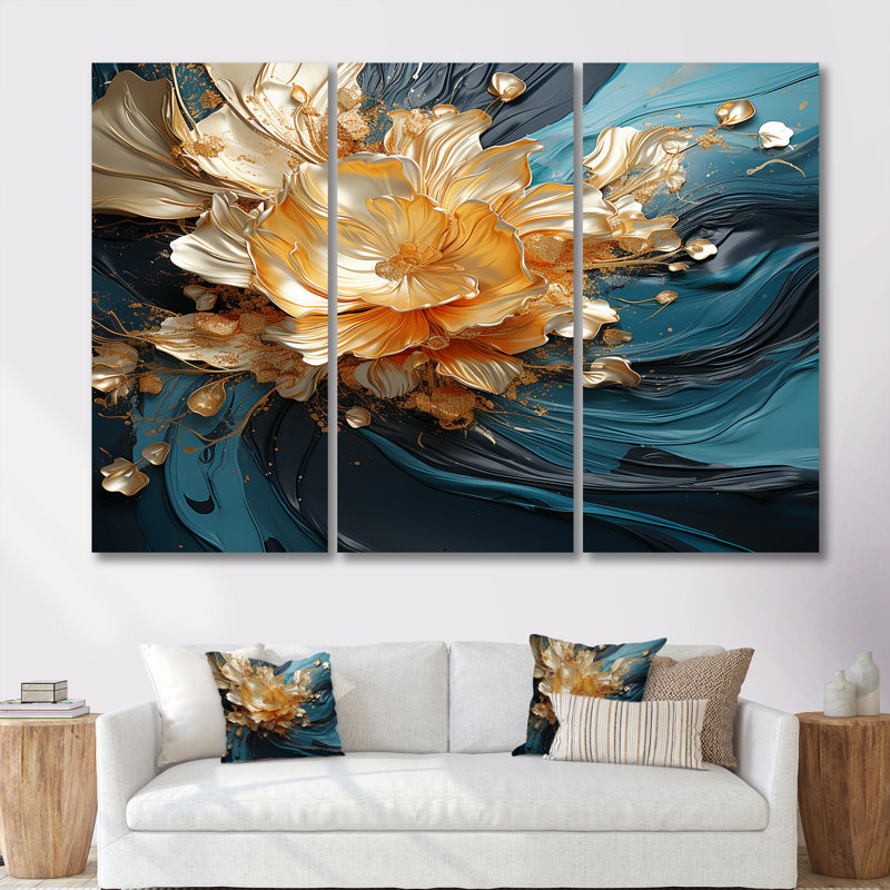 Blooming Golden Flower Waves - Art mural abstrait, ensemble de salon, Toile tendue, H 32 po x l 48 po x P 1 po