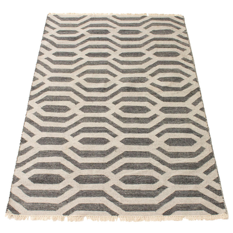 Tapis gris / ivoire en laine tissé à plat à la main à motif géométrique