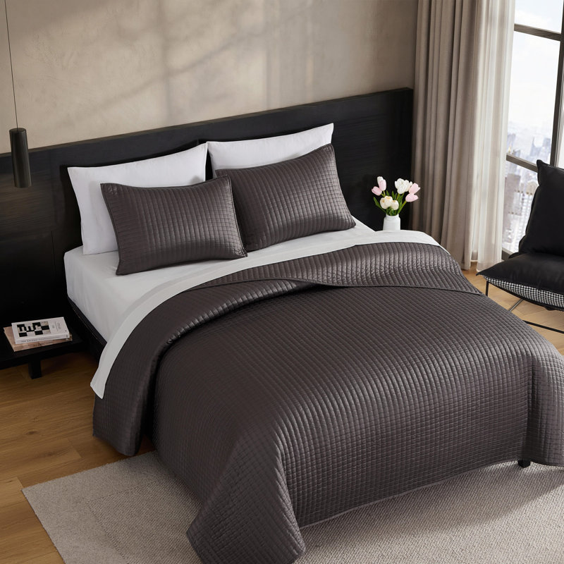 Vera Wang Matte Satin Solid Reversible Quilt Set, Gray, King