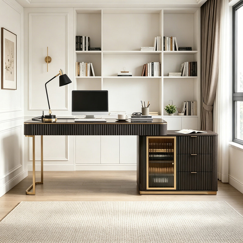Dibora Glass Excutive Desk with Built in Outlets Very easy to assemble, 29.5" H x 50" W x 23" D, Black Brown/Gold