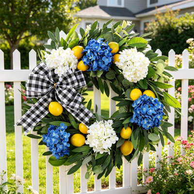 19.7" Artificial Lemon & Hydrangea Flower Wreath, Front Door Hanging Decor for Home, Wall & Window