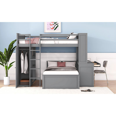 Lit mezzanine double au-dessus de simple avec tablettes et fonctionnalité. Améliorez le rangement de votre chambre à coucher Lit inférieur, tablettes, bureau, garde-robe pour plus de confort