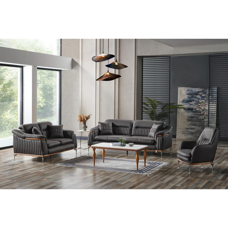 Canapé à trois places Ahsen, causeuse et fauteuil d'appoint, Gris foncé
