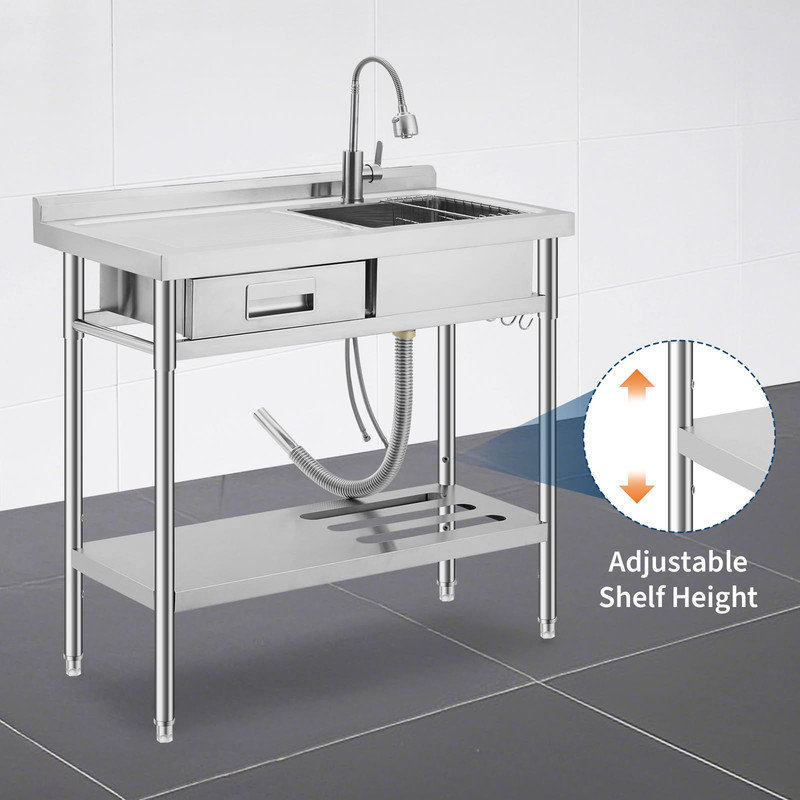 Freestanding Utility Sink with Workbench, Pull-Out Faucet & Storage Drawer