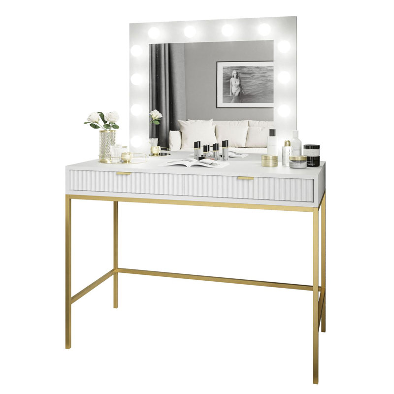 Aldonia Dressing Table with Mirror, White/Gold
