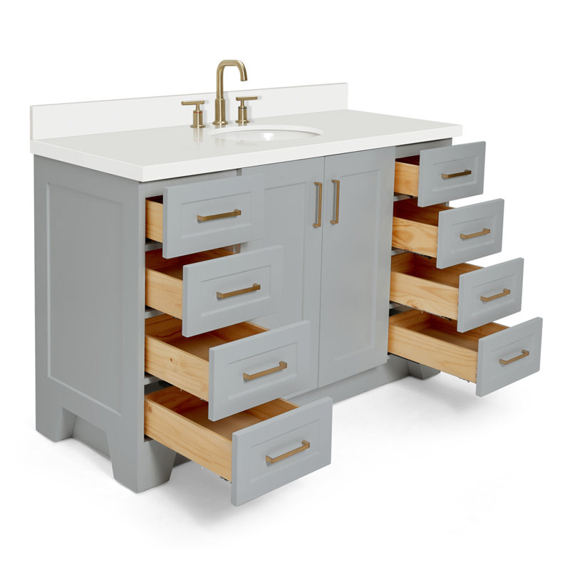 61 IN.  Single Bathroom Vanity, Gray, Oval, White Quartz