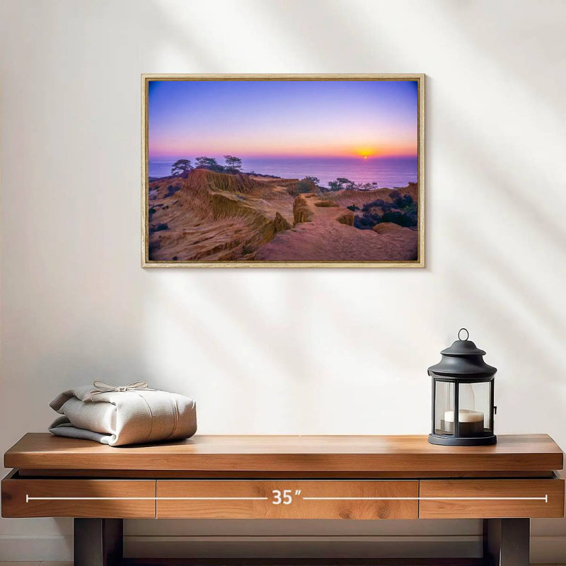 Coucher de soleil Torrey Pines, 19 po x 13 po, Cadre flottant en bois naturel