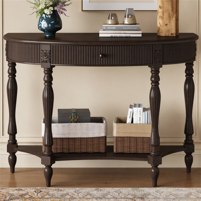 Console demi-lune en bois massif avec tiroir et tablette, Brun rustique profond, Brun rustique profond, Brun rustique profond