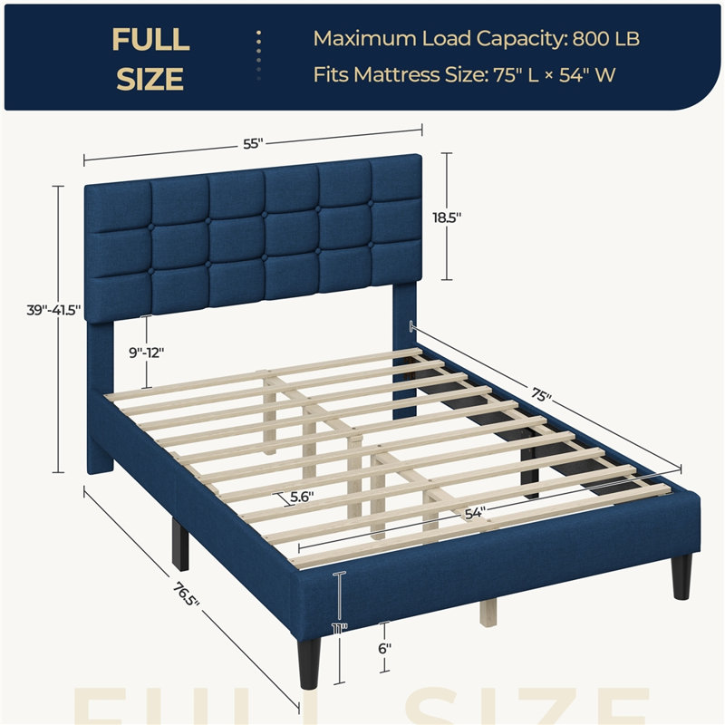 Lit plateforme tapissier Contemporary, Double, Bleu marine