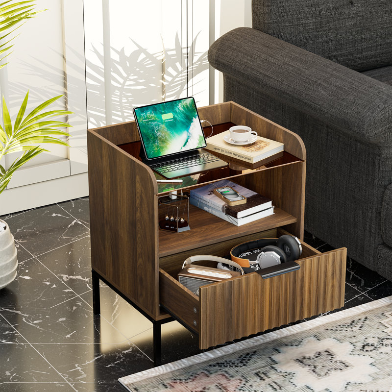 Arlen Modern Bedside Table with Charging Station & Glass Top â€“ 1-Drawer Nightstand,2Pcs, Black/Brown, Set of 2
