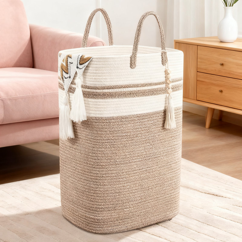 Woven Laundry Basket With Wooden Bead Tassel, Large Foldable Storage Hamper For Clothes And Toys, Breathable Cotton Organization For Bedroom And Nursery