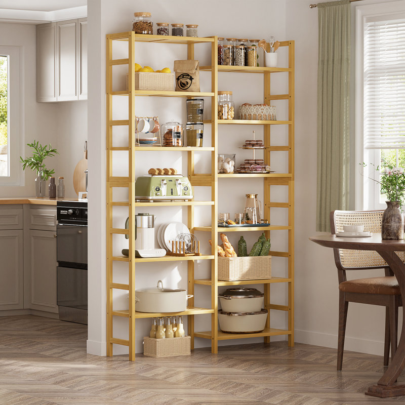 Bamboo Bookcase, 6-Tier Large Open Bookshelf  With Display Shelves, Natural, (12 Shelves) 72.44"H x 41.14"W x 10.63"D