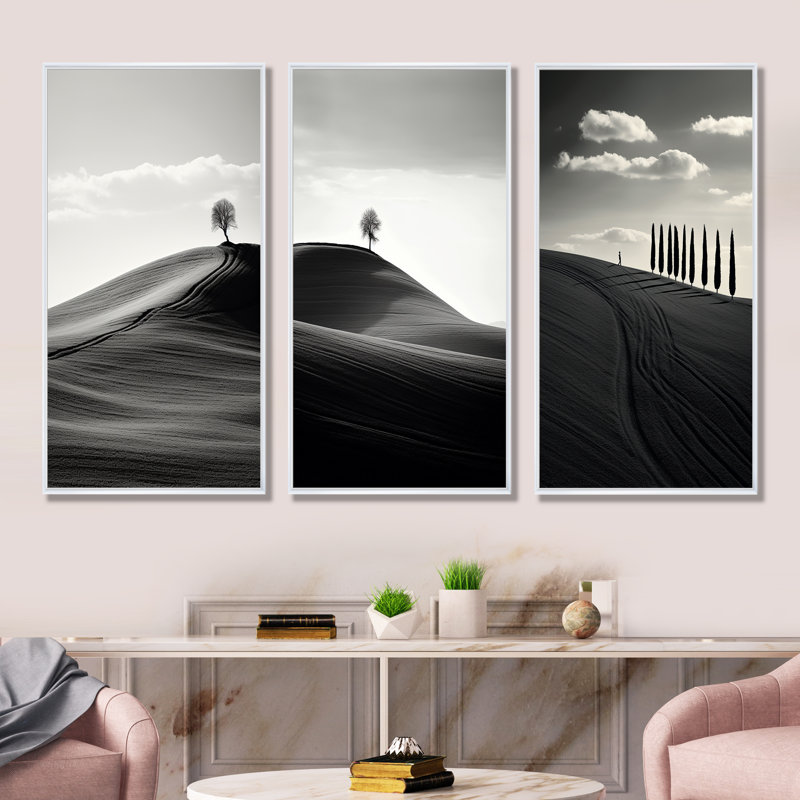 Paysage de désert noir et blanc, H 28 po x l 36 po, Cadre flottant blanc