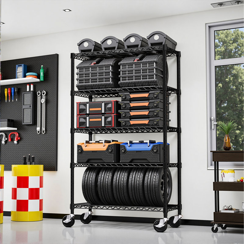 5 supports en fil d'acier au carbone d'une capacité de 1750 lb, tablettes réglables et roues rotatives à 360 ° pour les roues de l'unité de rangement de bureau à domicile, salle de sport