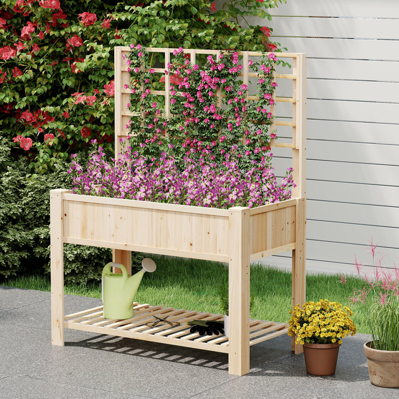 Wooden Elevated Planter Box Raised Garden Bed with Trellis-Brown, Yellow