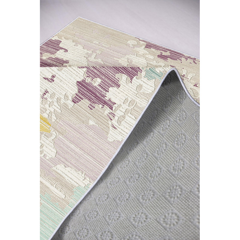 Stylish Area Rug (4.6 x 7.2 ft), Beige, Purple, Mink & Yellow | 100% Polyester, 650 g/m², 0.2 in Pile Height | Antibacterial, Eco-Friendly, Non-Slip PVC Dot Underside | Machine Washable, Perfect for Living Room & Bedroom Décor