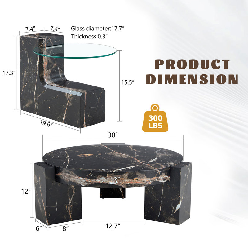 2-Piece Modern Round Nesting Coffee Table Set For Home & Apartment, Black, 29.9" H x 29.9" L x 17.3" W