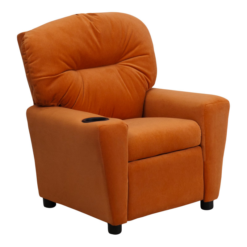 Contemporary Kids Recliner with Cup Holder, Microfiber - Orange