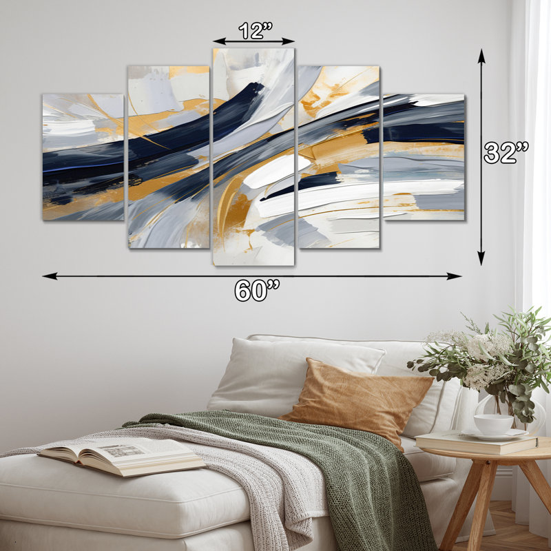 «Grey and Gold Transcendent Impressions V», reproduction d'art abstrait de formes abstraites - 5 panneaux