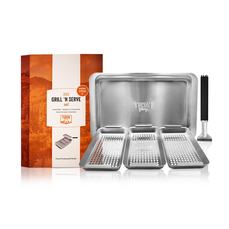 Yukon Glory 5-piece BBQ grill basket set with serving station and clip-on handle, stainless steel