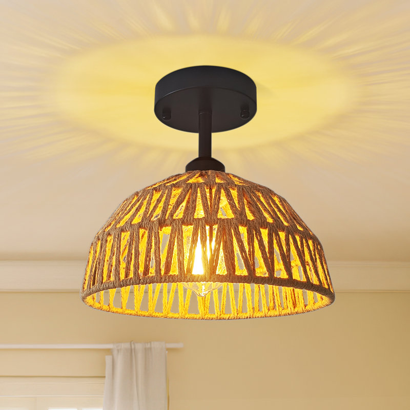 Boho 1-Light Farmhouse Rattan Ceiling Light Fixtures, 10.5" Flush Mount With Hand-Woven Shade