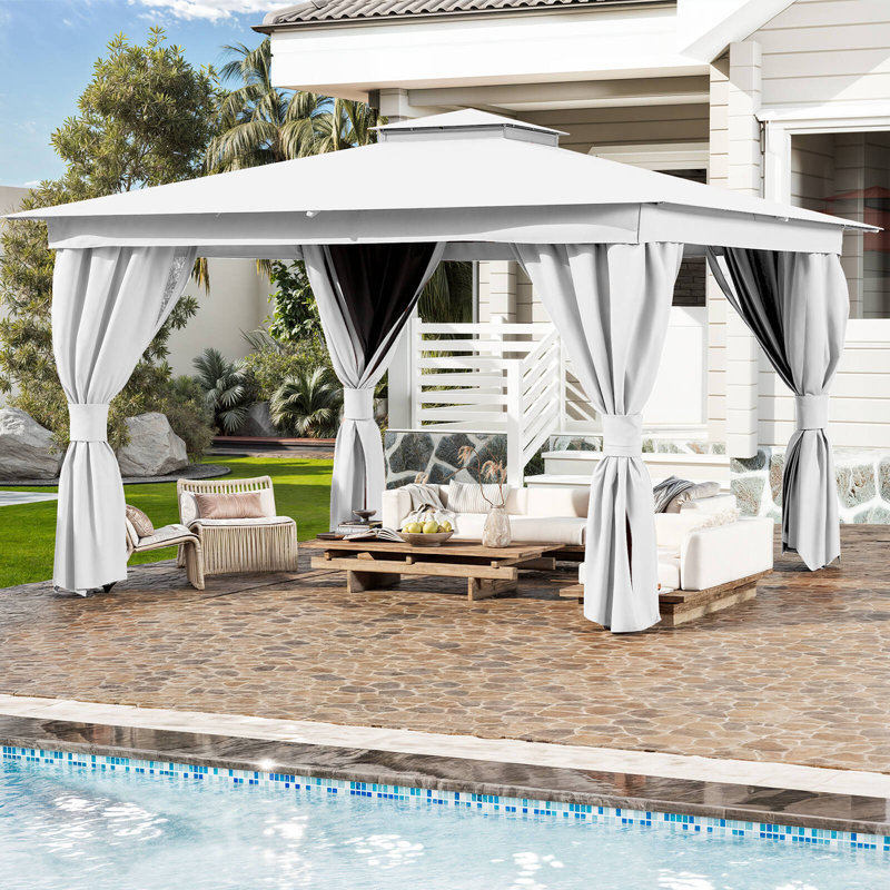 10'x13' Soft-top Gazebo, Heavy-Duty Outdoor Gazebo with Double Roofs, UV Protection & Curtains – Ideal for Patio, Deck, Lawn, and Backyard Use, White