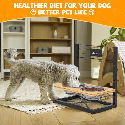 Bols pour chien surélevés, 12 bols réglables pour chien surélevés en bambou avec 2 bols en acier inoxydable, bols réglables pour animaux de compagnie de 4,8 po à 15,7 po de hauteur