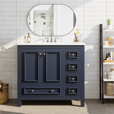 Meuble-lavabo sur pied 36 po en bois massif avec lavabo et organisateur de porte