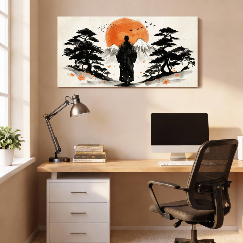 Tableau sur toile tendue représentant un moine zen japonais au coucher du soleil sur un paysage de montagne (lot de 1), 4020