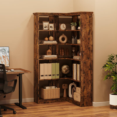 72.8" L-Shaped Corner Bookshelf, Farmhouse 5-Tier Tall Wood Bookcase, Rustic Storage & Display Rack, Half Panel