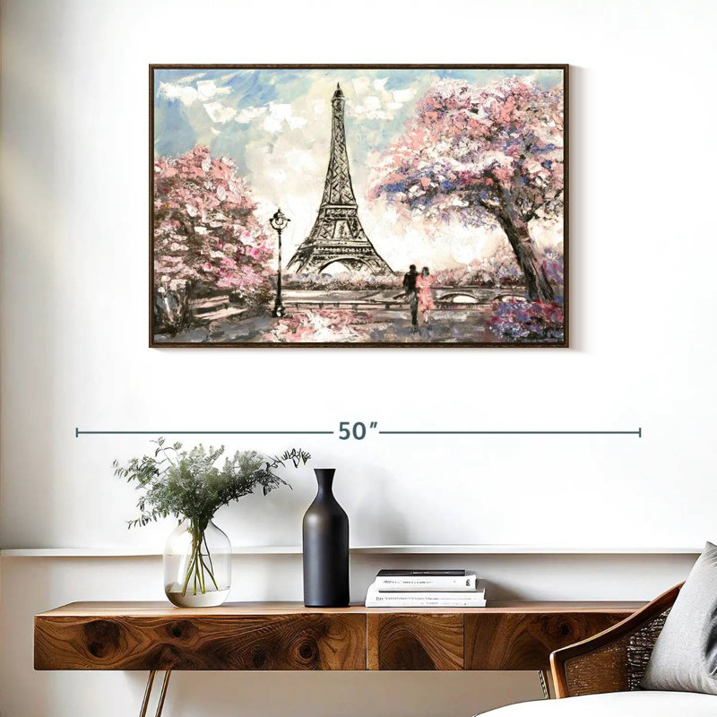Les amoureux du printemps à Paris, 37 po x 25 po, Cadre flottant noyer